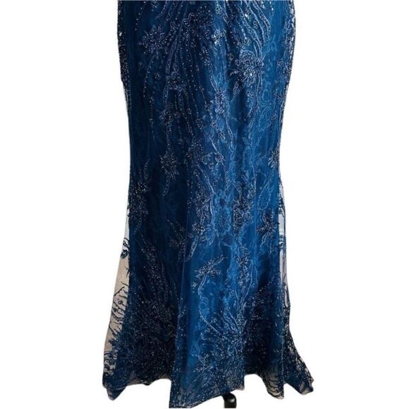 Mac Duggal 67493 Navy Blue Lace Beaded Sheer Flutter Sleeve Gown| Size 10 - Picture 7 of 14
